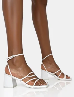 Public Desire Dayla Wide Fit Pu Strappy Square Toe Block Mid Heel Sandals White Discount