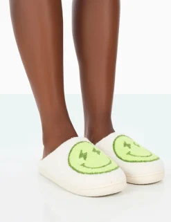 Public Desire Daze Printed Smiley Face Slippers Lime Discount