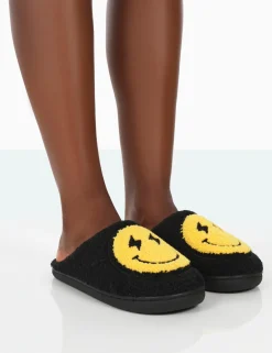 Public Desire Daze Printed Smiley Face Slippers Black Sale