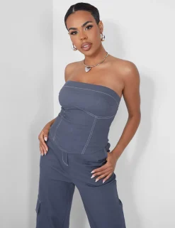 Public Desire Denim Contrast Stitch Bandeau Top Grey Cheap
