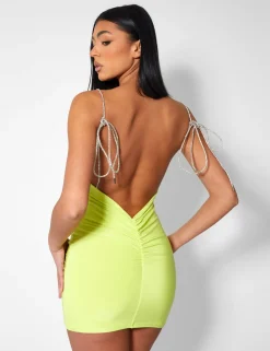 Public Desire Diamante Extreme Strap Slinky Mini Dress Lime Clearance