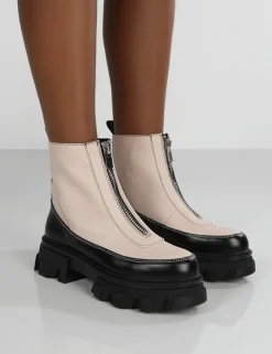 Public Desire Direction Bone Pu Zip Front Platform Chunky Sole Ankle Boot White Flash Sale