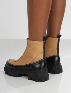 Public Desire Direction Tan Pu Zip Front Platform Chunky Sole Ankle Boot Brown Online