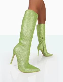 Public Desire Diva Glitter Pointed Toe Stiletto Knee High Boots Lime Sale