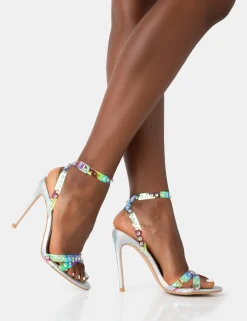 Public Desire Dolly Holographic Strappy Round Toe Stiletto Heels Silver Clearance