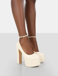 Public Desire Donatella Patent Ankle Strap Block Heel Platform Court Shoes White Discount