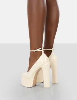 Public Desire Donatella Patent Ankle Strap Block Heel Platform Court Shoes White Discount