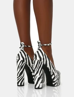 Public Desire Donatella Zebra Print Ankle Strap Rounded Toe Platform Block Heels Multi Hot