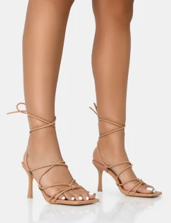 Public Desire Duet Knot Strappy Lace Up Square Toe Mid Heels Nude Discount