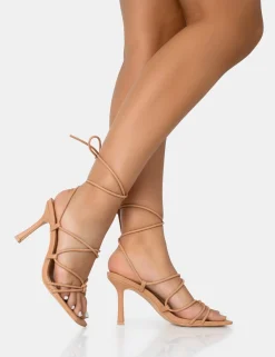 Public Desire Duet Knot Strappy Lace Up Square Toe Mid Heels Nude Discount