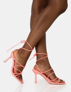 Public Desire Duet Neon Knot Strappy Lace Up Square Toe Mid Heels Pink Best