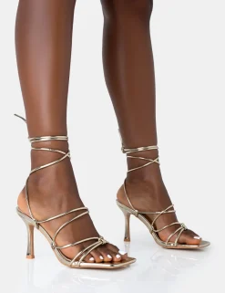 Public Desire Duet Wide Fit Knot Strappy Lace Up Square Toe Mid Heels Gold Cheap