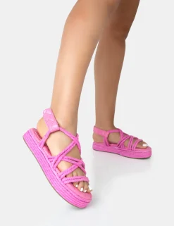 Public Desire Duffy Rope Flat Dad Sandals Pink Cheap