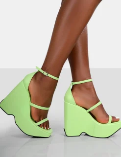 Public Desire Duke Green Strappy Square Toe Platform Wedge High Heels Lime Cheap