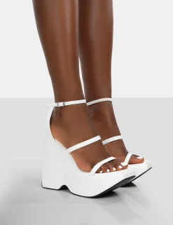 Public Desire Duke Strappy Square Toe Platform Wedge High Heels White Best