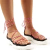 Public Desire Dynamic Black Neon Lace Up Chunky Sandals Pink Hot