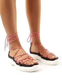 Public Desire Dynamic Black Neon Lace Up Chunky Sandals Pink Hot