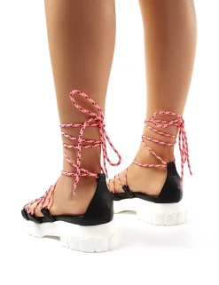Public Desire Dynamic Black Neon Lace Up Chunky Sandals Pink Hot