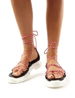 Public Desire Dynamic Black Neon Lace Up Chunky Sandals Pink Hot