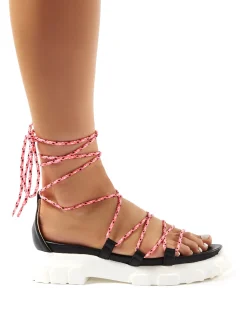 Public Desire Dynamic Black Neon Lace Up Chunky Sandals Pink Hot