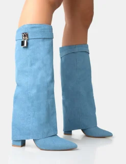 Public Desire Echo Denim Padlock Detail Fold Over Pointed Toe Knee High Boots Blue New