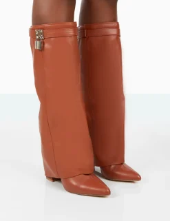 Public Desire Echo Grain Pu Pointed Toe Knee High Block Boots Tan Best