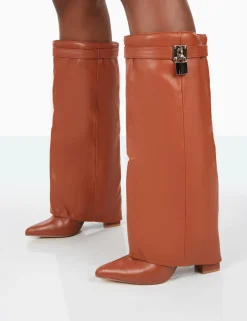 Public Desire Echo Grain Pu Pointed Toe Knee High Block Boots Tan Best