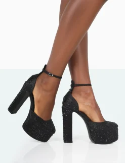 Public Desire Effie Black Sparkly Diamante Ankle Strap Block Heel Platform Court High Heels Fashion