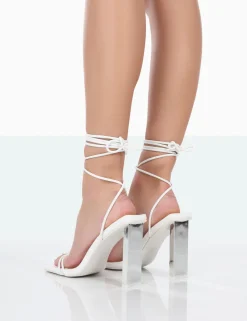 Public Desire Either Way Pu Square Toe Lace Up Thin Block Heels White New