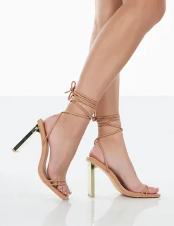 Public Desire Either Way Wide Fit Patent Pu Square Toe Lace Up Thin Block Heels Nude Fashion