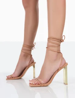 Public Desire Either Way Wide Fit Patent Pu Square Toe Lace Up Thin Block Heels Nude Fashion