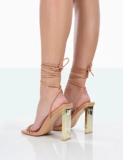 Public Desire Either Way Wide Fit Patent Pu Square Toe Lace Up Thin Block Heels Nude Fashion