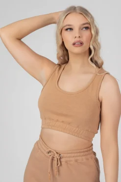 Public Desire Elasticated Waist Sweat Scoop Neck Crop Top Camel Brown Store