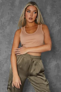 Public Desire Elasticated Waist Sweat Scoop Neck Crop Top Camel Brown Store