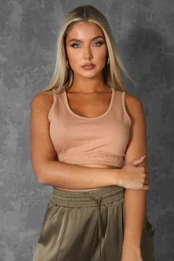 Public Desire Elasticated Waist Sweat Scoop Neck Crop Top Camel Brown Store