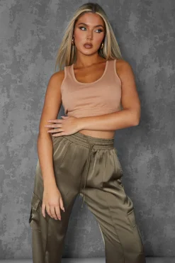 Public Desire Elasticated Waist Sweat Scoop Neck Crop Top Camel Brown Store