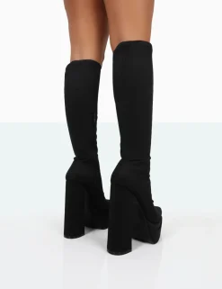 Public Desire End Game Lycra Platform Pointed Toe Block Heel Knee High Boots Black Best Sale