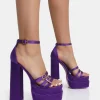 Public Desire Enya Satin Strappy Buckle Square Toe Platform Block Heels Purple Best