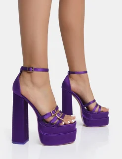 Public Desire Enya Satin Strappy Buckle Square Toe Platform Block Heels Purple Best