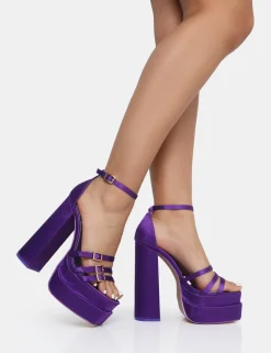 Public Desire Enya Satin Strappy Buckle Square Toe Platform Block Heels Purple Best
