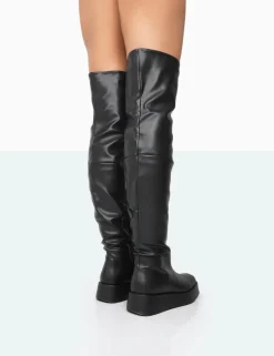 Public Desire Erica Black Pu Chunky Platform Over The Knee Boots Bone Outlet