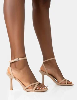 Public Desire Erin Nylon Barely There Square Toe Mid Heels Camel Discount
