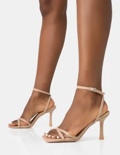 Public Desire Erin Nylon Barely There Square Toe Mid Heels Camel Discount
