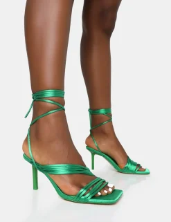 Public Desire Esla Wide Fit Satin Multi Strap Lace Up Square Toe Mid Stiletto Heels Green Online