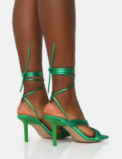 Public Desire Esla Wide Fit Satin Multi Strap Lace Up Square Toe Mid Stiletto Heels Green Online