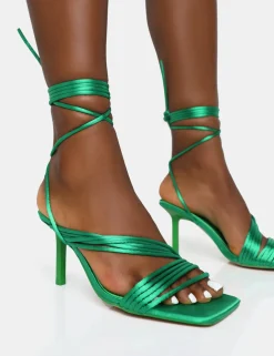 Public Desire Esla Wide Fit Satin Multi Strap Lace Up Square Toe Mid Stiletto Heels Green Online