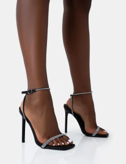 Public Desire Evan Pu Diamante Barely There Square Toe Stiletto Heels Black New