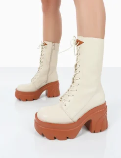Public Desire Ever Laced Platform Chunky Sole Ankle Boots Beige Best