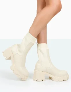 Public Desire Everdeen Pu And Knit Chunky Heeled Platform Sock Ankle Boots Ecru Cheap