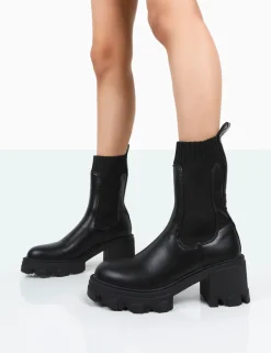 Public Desire Everdeen Pu And Knit Chunky Heeled Platform Sock Ankle Boots Black Hot